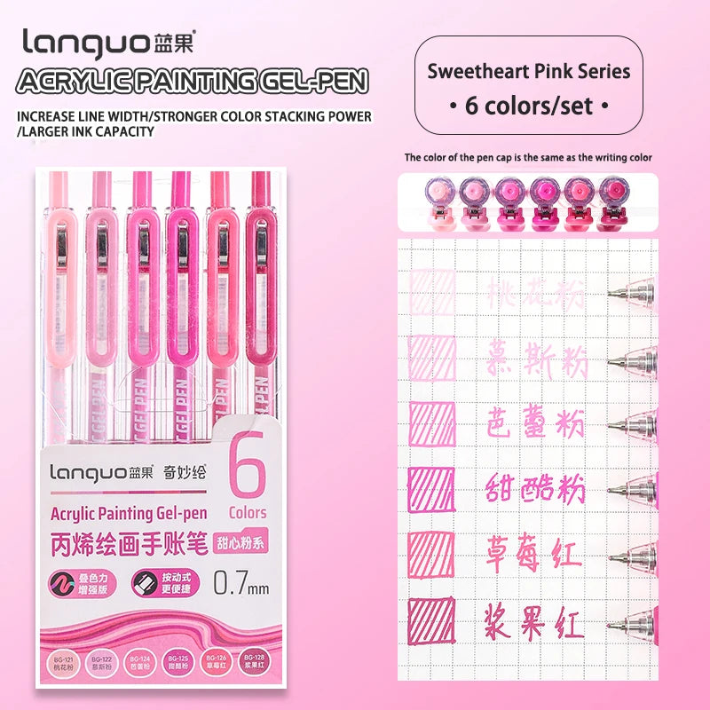 A set of six Sweetheart Pink series acrylic painting gel pens with various colors and a grid for writing practice.