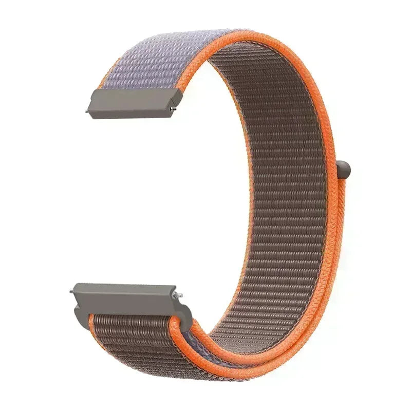 A close-up view of a gray and orange nylon loop watch strap for a child's watch.