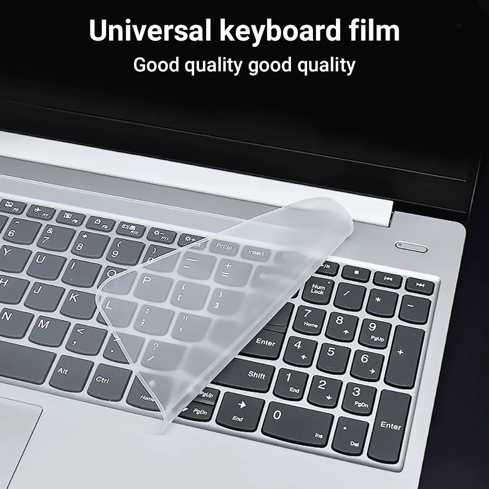 A clear universal keyboard film is shown placed on a laptop keyboard for use as a protective cover.