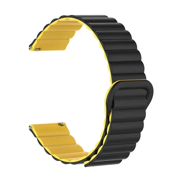 A black and yellow adjustable magnetic loop watch band shown from the side.