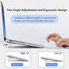 Silver foldable laptop stand with two angle adjustments and ergonomic design shown in various height settings.