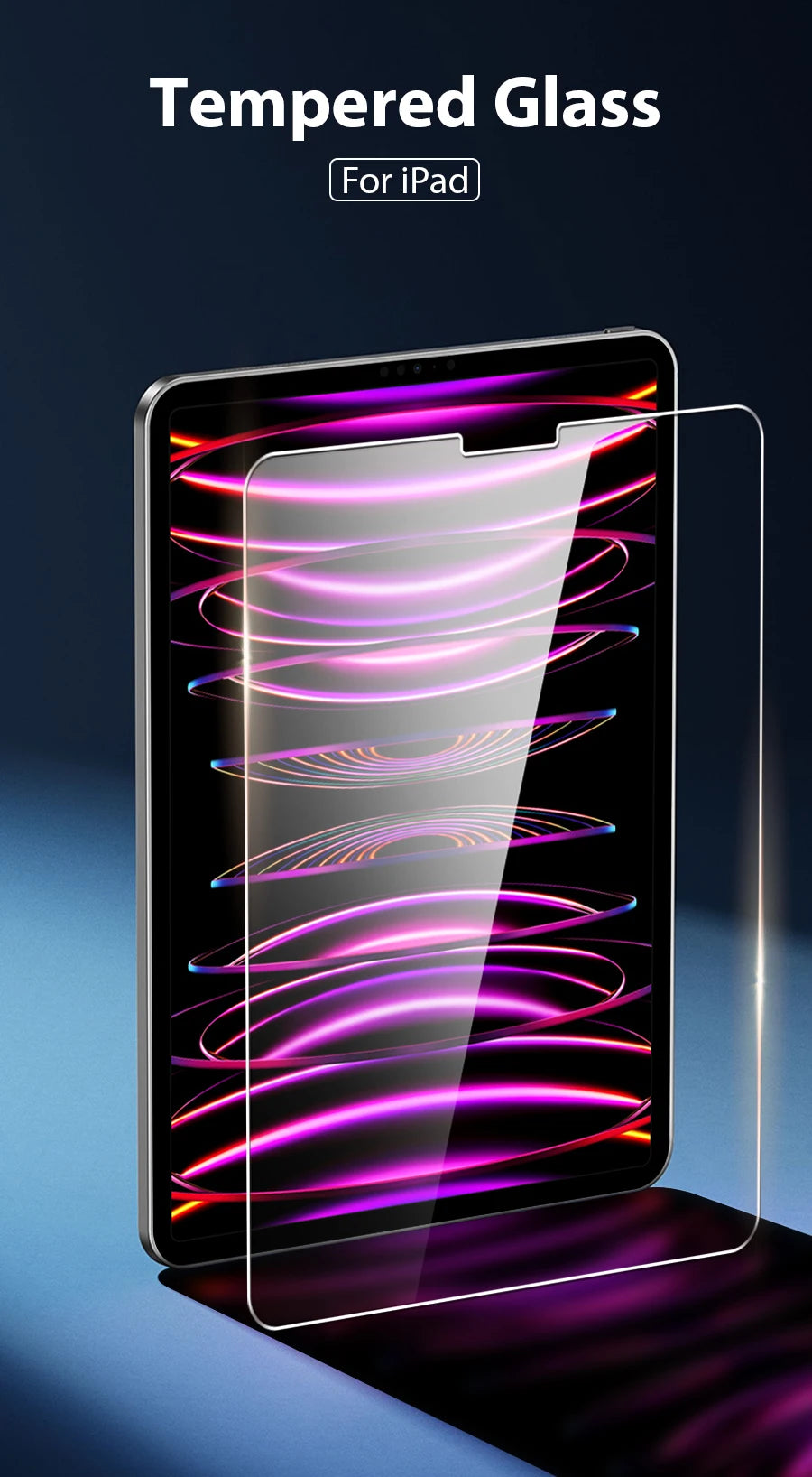 A close-up of a black iPad displaying a vibrant purple and pink tempered glass screen protector being applied.
