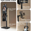 An adjustable metal phone tripod stand showing various height and rotation options for eye-level viewing.