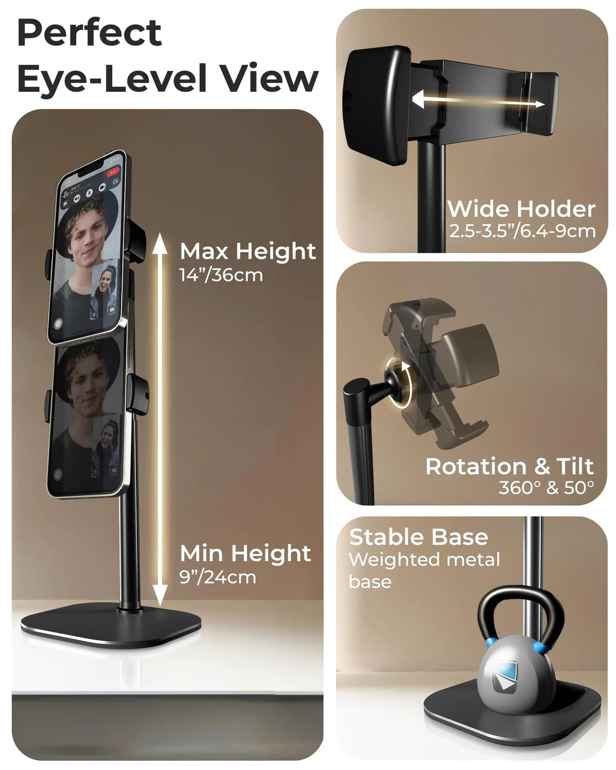 An adjustable metal phone tripod stand showing various height and rotation options for eye-level viewing.