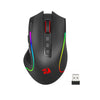 A black gaming mouse with red and green accents is shown next to its USB cable.