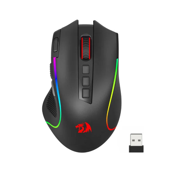 A black gaming mouse with red and green accents is shown next to its USB cable.
