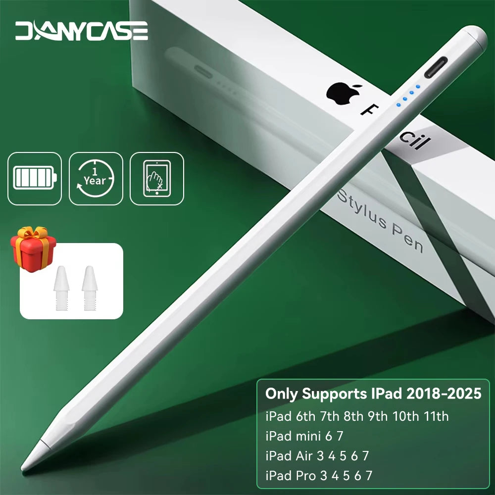 A silver precision capacitive stylus pen is shown next to its packaging and compatibility information for various iPad models