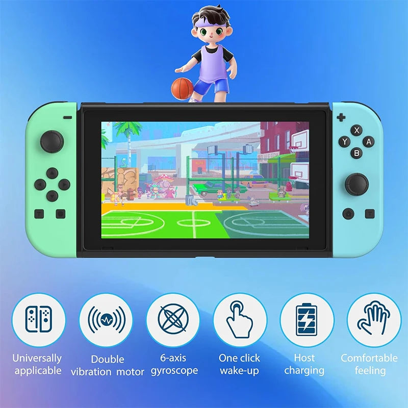 A green and blue portable gaming device with a small figure standing in front of it, showing various features.