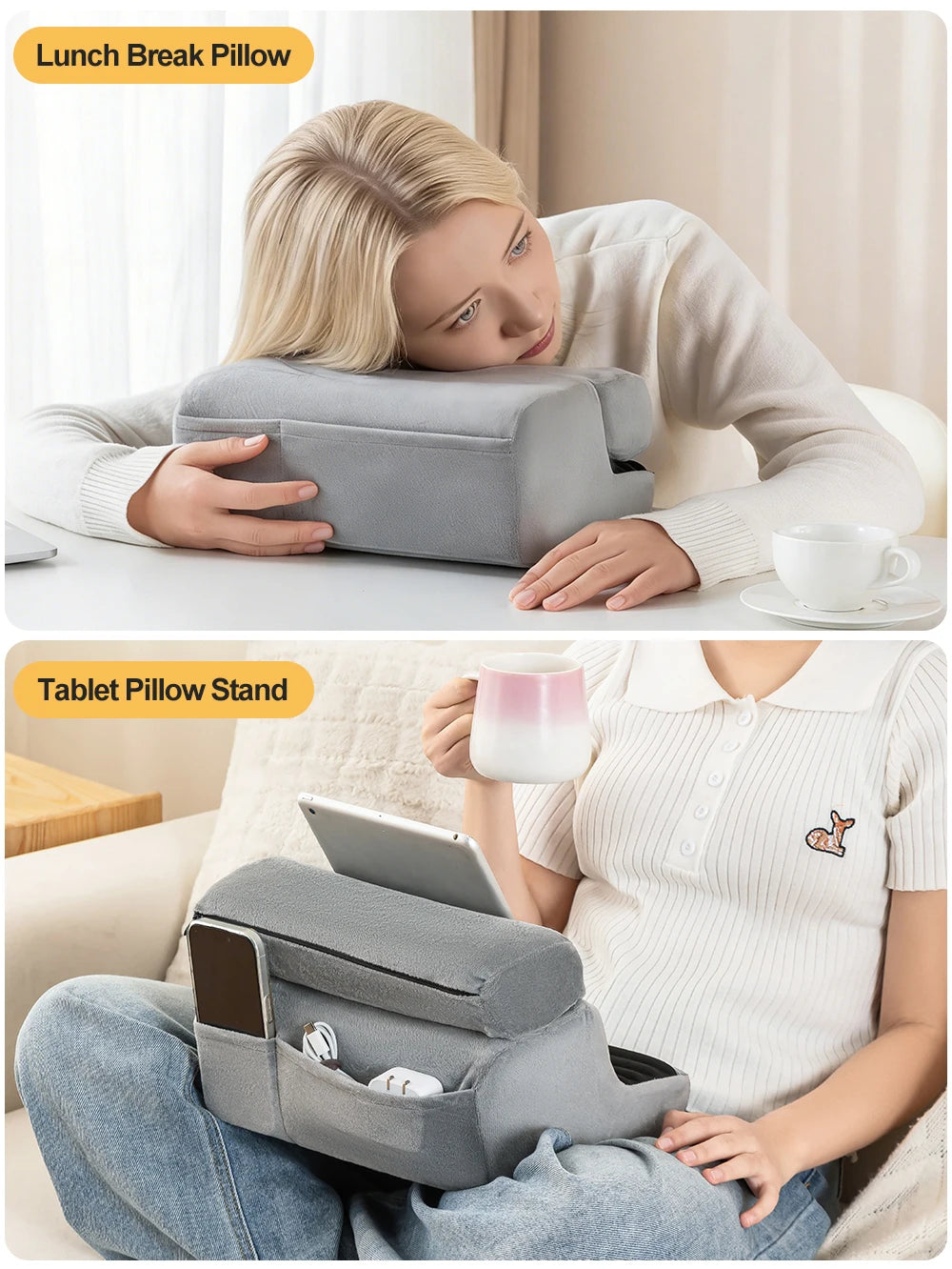 A person is using a multi-angle tablet and phone stand for comfortable viewing while relaxing.