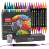 A set of dual-tip acrylic paint markers in various colors packaged in a box with an example marker shown.