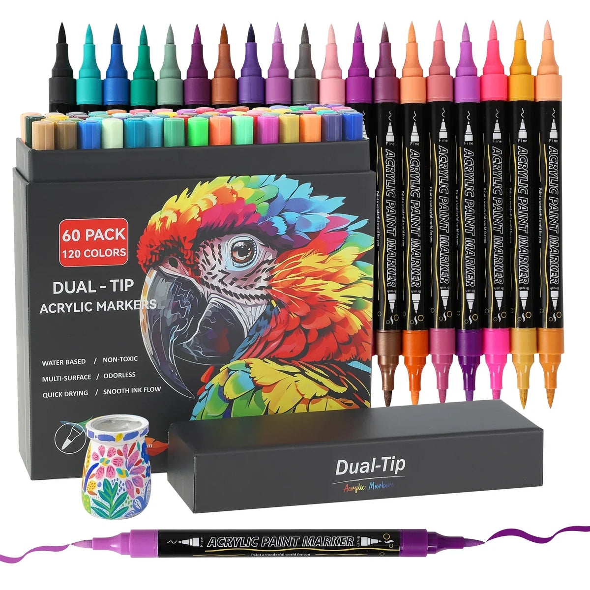 A set of dual-tip acrylic paint markers in various colors packaged in a box with an example marker shown.