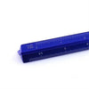 A blue aluminum triangular scale ruler showing markings up to 2 centimeters.