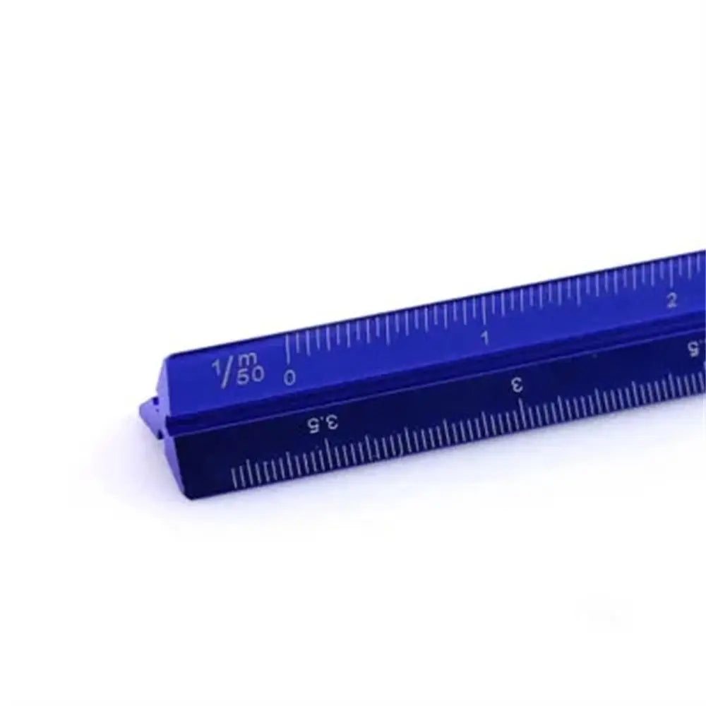 A blue aluminum triangular scale ruler showing markings up to 2 centimeters.
