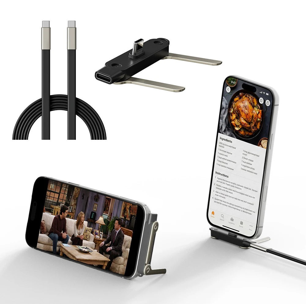 A black 240W fast charging USB-C to USB-C adapter and phone stand with a smartphone displaying ingredients information.