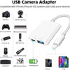 A white USB camera adapter featuring multiple ports and cables for data transfer to various devices.