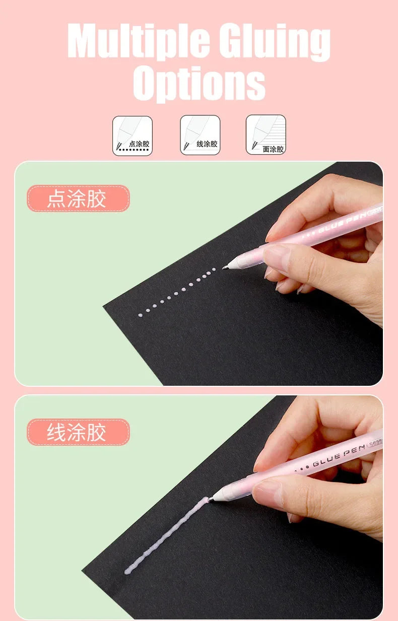 Demonstration of multiple gluing options using a glue pen for precision crafting on black paper.