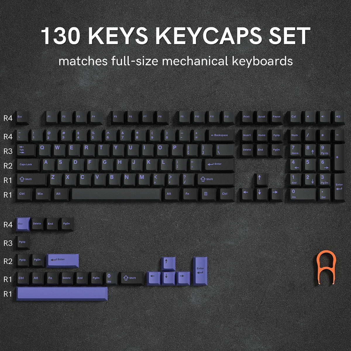 A set of 130 keys keycaps for full-size mechanical keyboards shown on a dark surface.