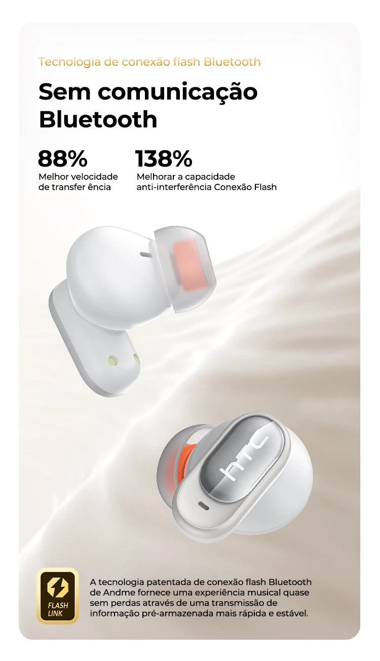 A white wireless earbud is shown against a blurred background, illustrating flash Bluetooth technology.
