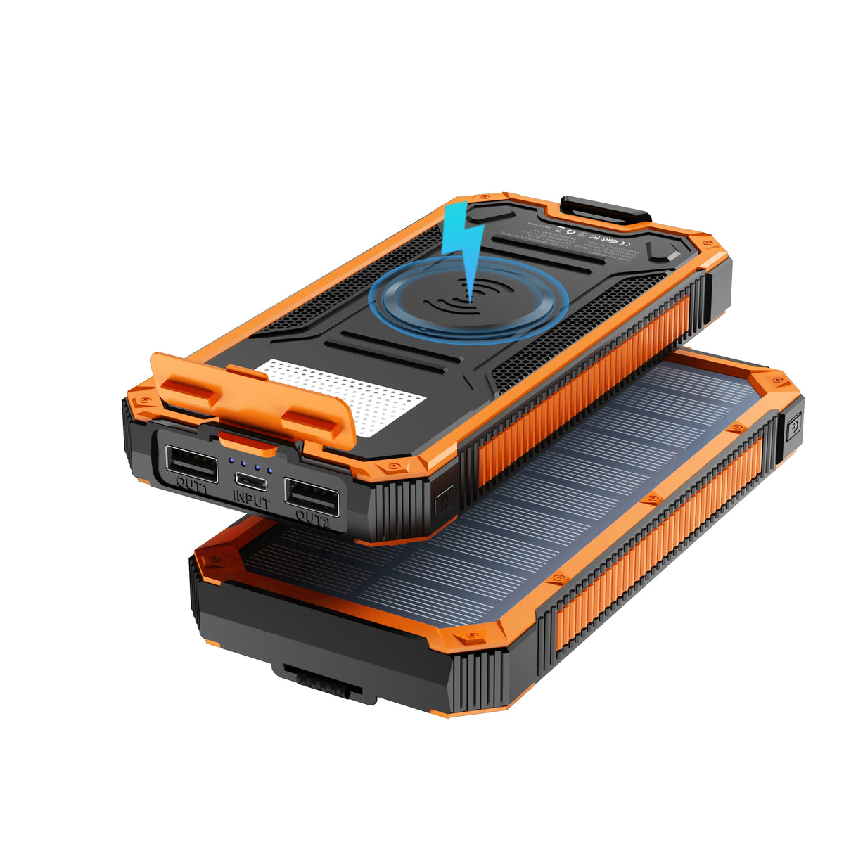 An orange and black portable solar power bank charger with a blue lightning bolt graphic.