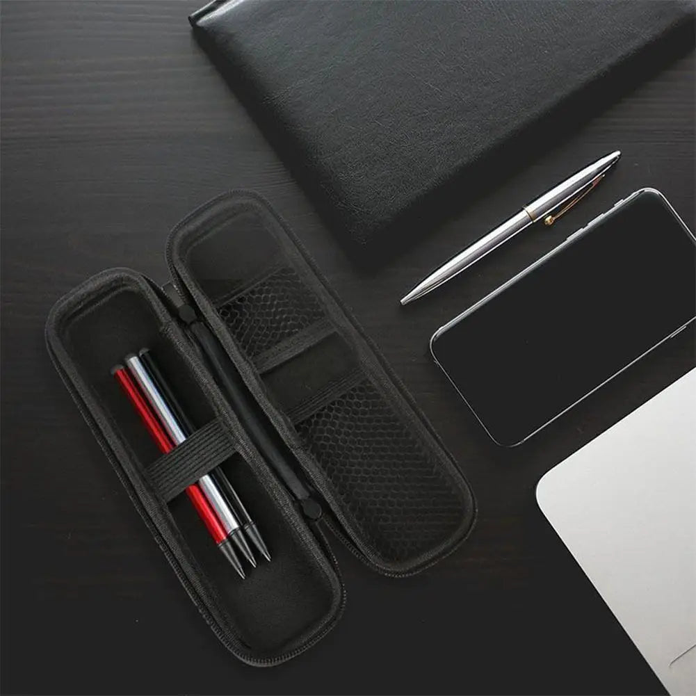 A black compact EVA hard shell pencil case with mesh pockets and a silver pen resting on a dark surface.