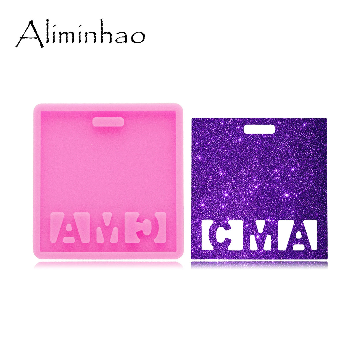 Two silicone resin molds, one pink and one purple glitter, for crafting projects.