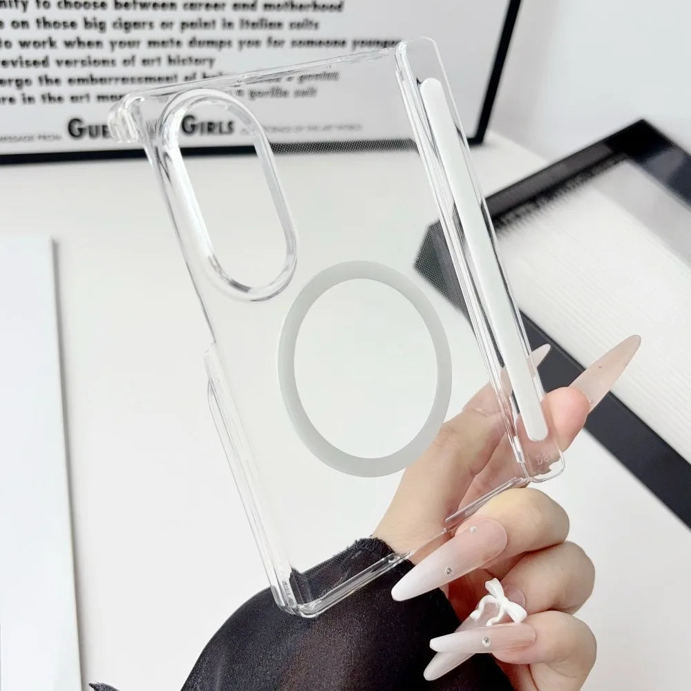 A hand holds a clear silicone case for a Samsung Galaxy Z Fold phone with a magnetic hinge protection feature.