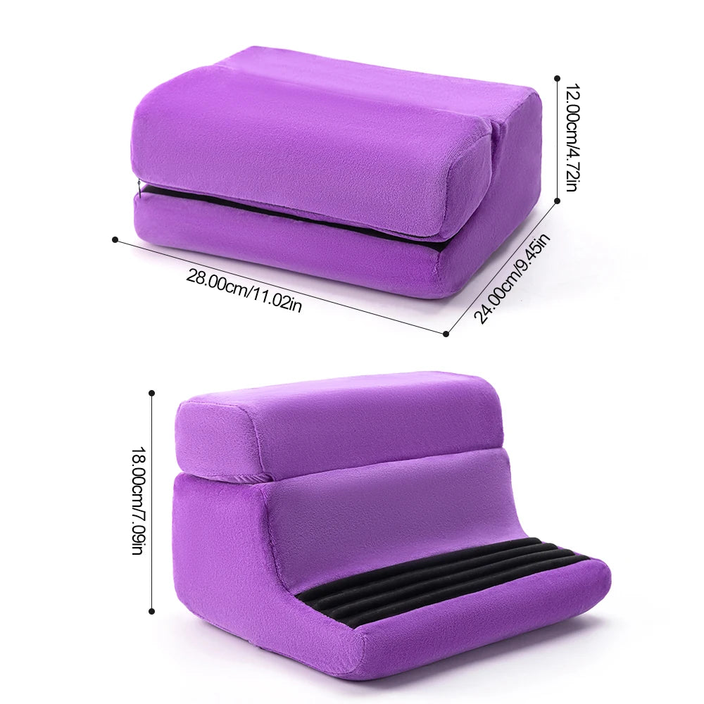 A purple multi-angle tablet and phone stand with adjustable angles shown in two configurations.