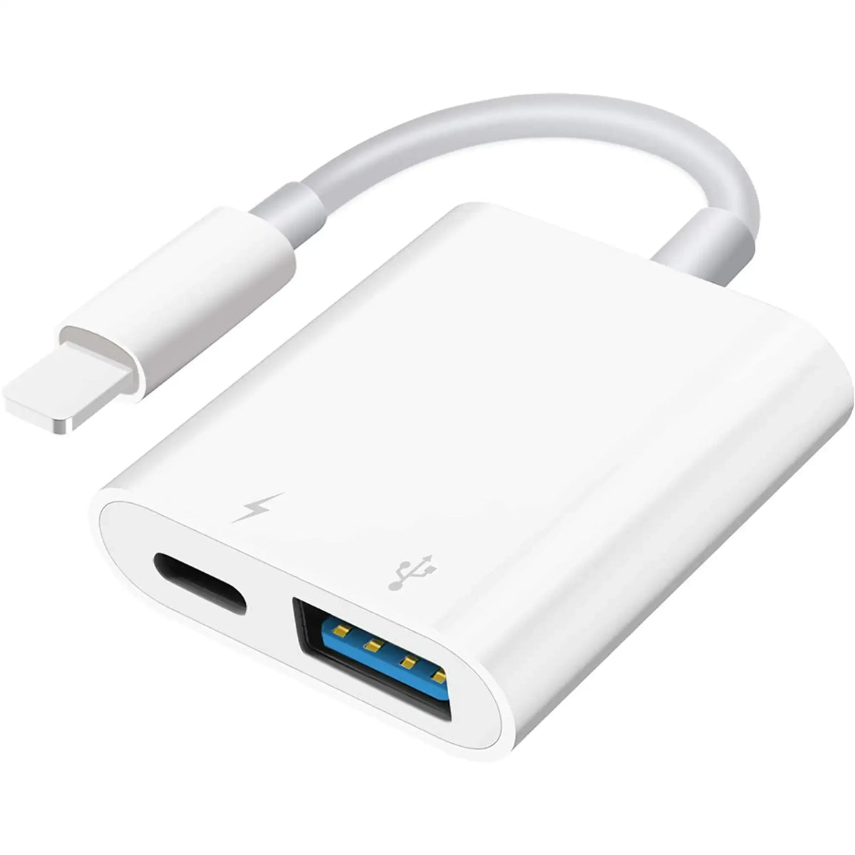 A white universal adapter with a cable, designed for lightning to micro USB data transfer.