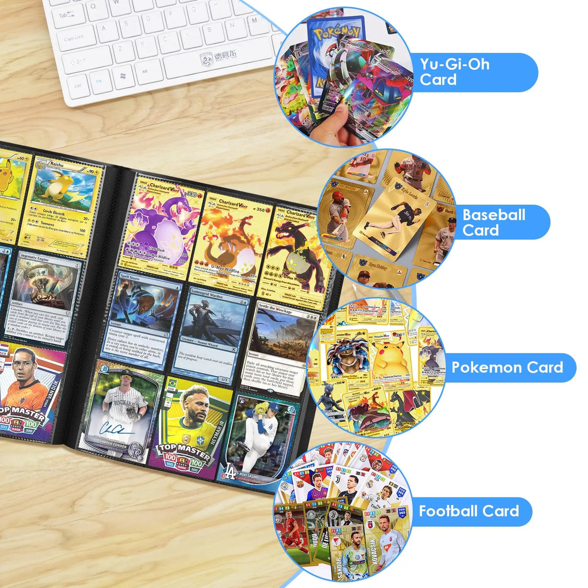 Una colección de cartas coleccionables, incluyendo Yu-Gi-Oh, Baseball, Pokémon y Fútbol, mostradas en una carpeta.