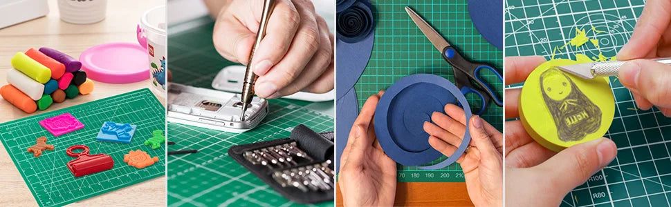 Hands are shown using a double-sided self-healing cutting mat for crafting and sewing on various materials.