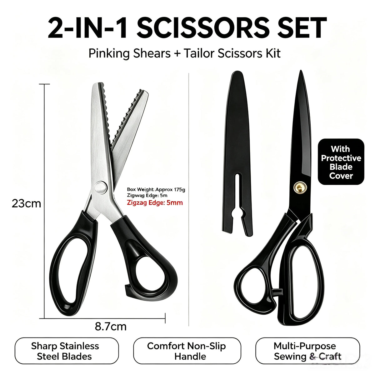 A set of two 2-in-1 pincing shears and tailor scissors with non-slip handles and protective blade covers.
