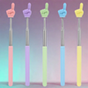 A row of five teaching pointers with different colored fingers, including pink, purple, green, blue, and yellow.