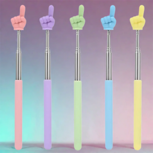 A row of five teaching pointers with different colored fingers, including pink, purple, green, blue, and yellow.