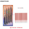 A set of four black anti-slip gel pens and ten red ink refills packaged in an orange box.