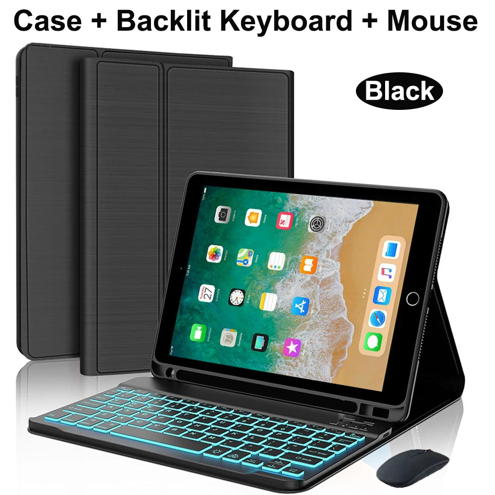 Black case keyboard and mouse set for an iPad, shown with the components.