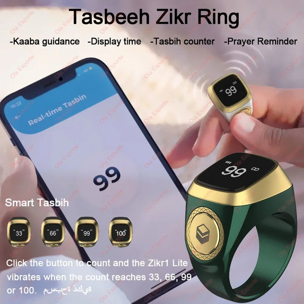 A smart tasbih ring is shown next to a smartphone displaying prayer counting features and guidance.