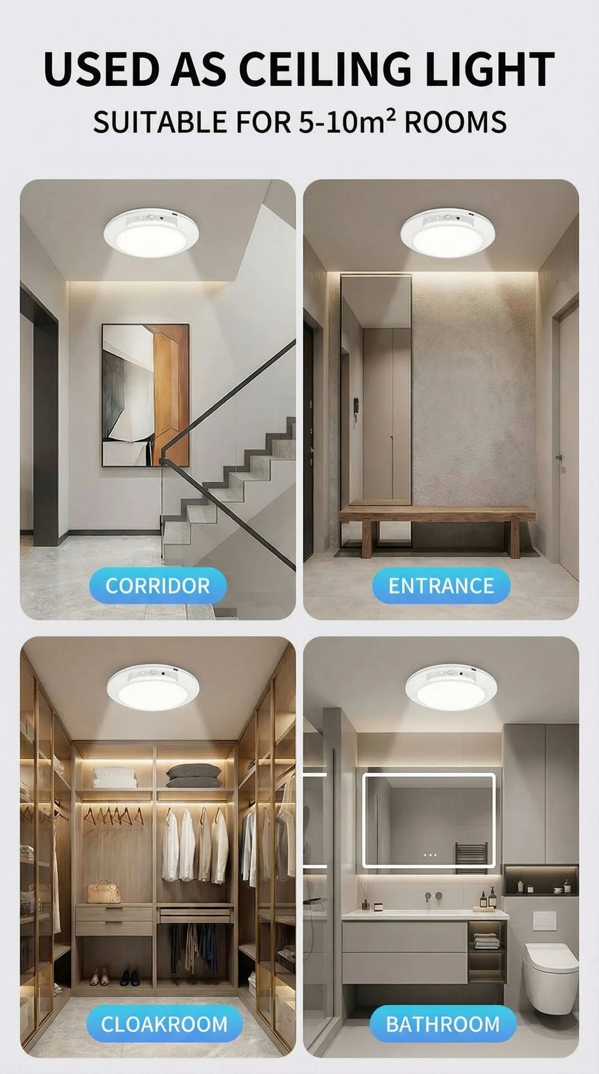 A set of motion sensor magnetic LED night lights used as ceiling lights in various rooms like a corridor, entrance, cloakroom