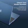 A close-up view of a blue MacBook Air laptop with a protective case, showing the model number information.