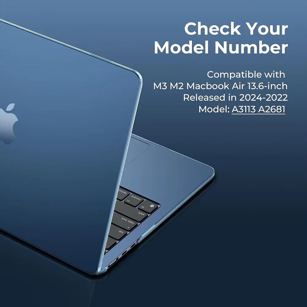 A close-up view of a blue MacBook Air laptop with a protective case, showing the model number information.