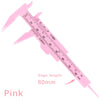 Pink precision eyebrow measuring caliper showing a scale marked in millimeters and inches.