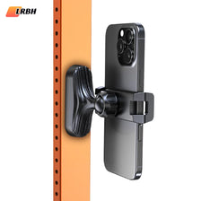 A black magnetic phone holder clamp is shown attached to an orange vertical surface.