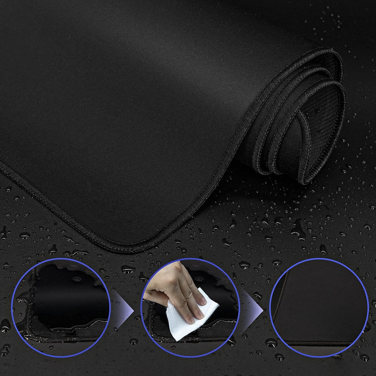 Black extra large anti-slip rubber mouse pad rolled up on a dark surface with close-ups showing texture and grip