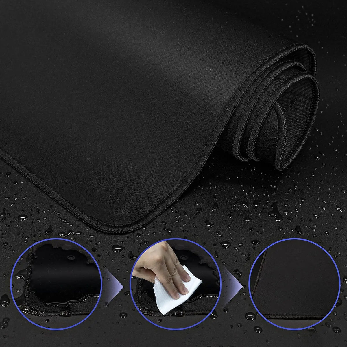 Black extra large anti-slip rubber mouse pad rolled up on a dark surface with close-up views of the texture