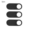 Three black slim camera sliders or privacy covers shown side by side