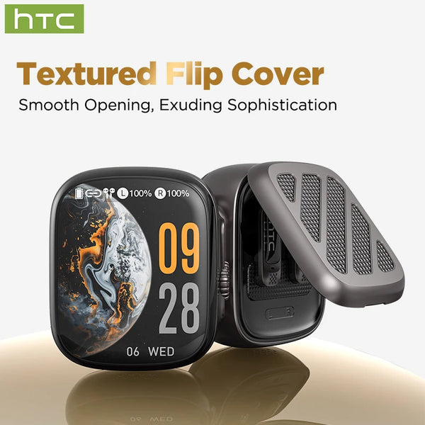 A black smart touch screen case for AI-powered translator earbuds, showing a textured flip cover.