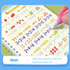A math practice book showing addition and subtraction problems for children, with a pink pen writing solutions.
