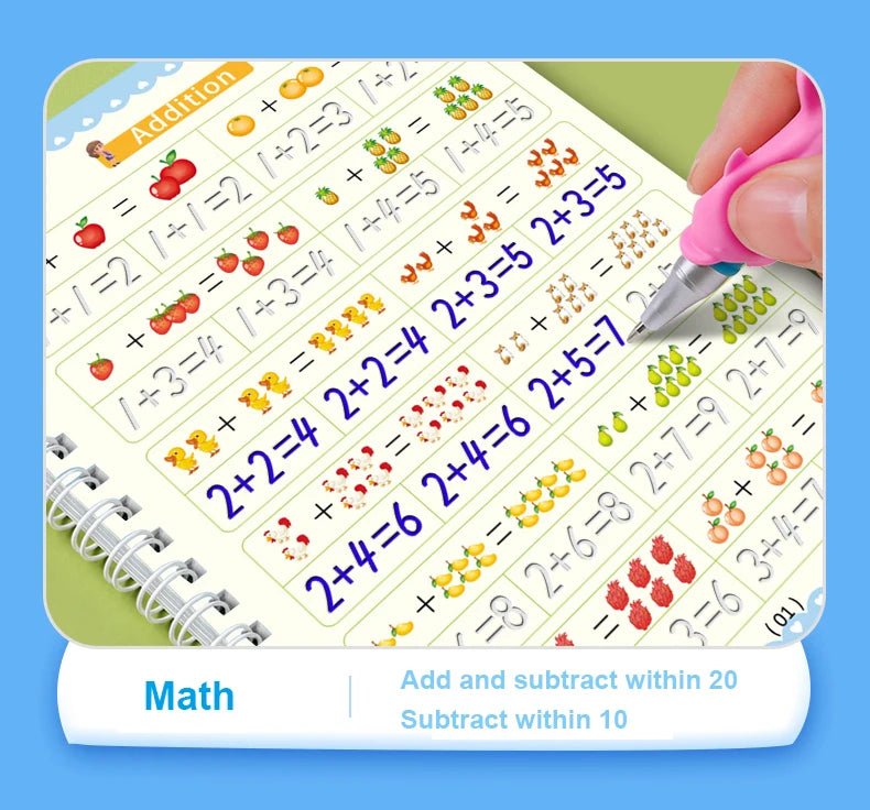 A math practice book showing addition and subtraction problems for children, with a pink pen writing solutions.