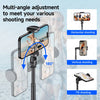 A multi-angle adjustment tripod for a smartphone, demonstrating horizontal, vertical, and tilt shooting modes.
