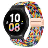 Schwarze Smartwatch mit roségoldigem Magnetarmband und mehrfarbigem gewebtem Design