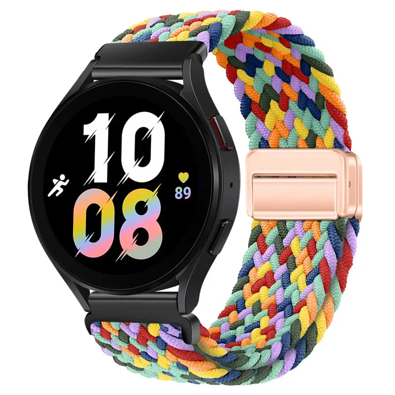 Schwarze Smartwatch mit roségoldigem Magnetarmband und mehrfarbigem gewebtem Design